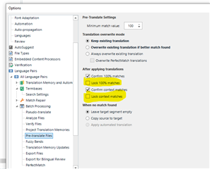 Screenshot of Trados Studio's Pre Translate Settings showing options with 'Lock 100% matches' and 'Lock context matches' checked.