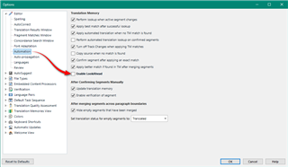 Trados Studio options menu with Lookahead feature highlighted and a red arrow pointing to the checkbox to disable it.