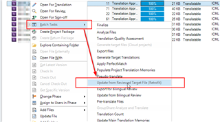 Screenshot of Trados Studio menu highlighting 'Update Project Translation Memories' option with a red box, indicating the function to align target language revisions.