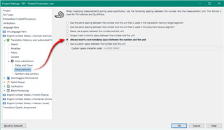 Trados Studio Project Settings window showing Language Pairs section with English-Swedish selected. Navigation path highlighted leading to Auto substitution under Translation memory and Automated Actions tab.