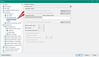 Trados Studio Options window with Verification settings tab open, showing options for 'Check for numbers not found in source', 'Check for multiple spaces', and 'Check for terms without the target equivalent'. A red arrow points to the Verification settings tab.