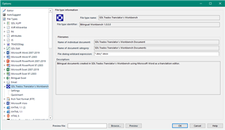 Trados Studio Options dialog box showing File Types tab with a selected file type information for 'SDL Trados Translator's Workbench' including file extension '.txt' and no visible errors or warnings.