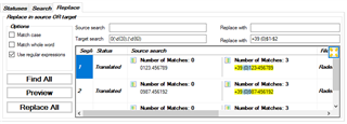 Trados Studio search and replace function with regex option selected and results showing number of matches.