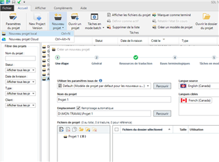 Trados Studio interface showing the Welcome tab with options to create a new project, open an existing project, and drag and drop files directly into the workspace.