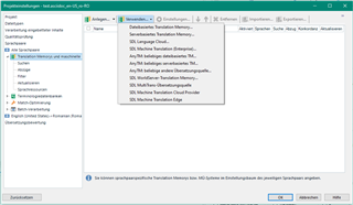Trados Studio screenshot showing the Project Settings window with Translation Memory and Automated Translation options listed on the left. A warning message is displayed suggesting to reset Translation Memory due to an issue.
