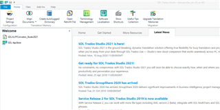 Trados Studio Welcome View with Latest News tab open, showing various news articles and updates about Trados Studio software.