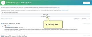 Trados Studio forum page with a highlighted section and a tooltip saying 'Try clicking here...' pointing to a link titled '644-bit version of Studio'.