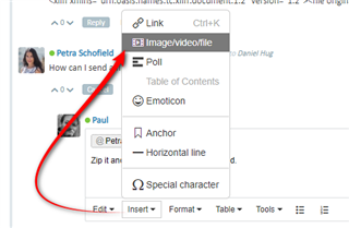 Email interface with a message from Petra Schofield asking how to send a file, with a red arrow pointing to the 'ImageVideoFile' attachment option in the toolbar.