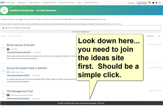 Trados Studio error message indicating 'Source file system error in SDLTM' with a yellow tooltip suggesting to join the ideas site for a solution.