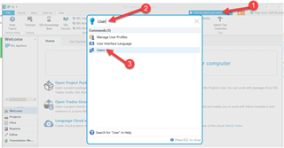 Trados Studio screenshot showing the 'Tell me' feature with a search bar and 'User' highlighted in the drop-down menu.
