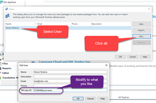 Screenshot of Trados Studio user management window with 'Select User' button highlighted and a pop-up note saying 'Click edit'.