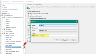 Trados Studio screenshot showing a project settings window with a warning icon next to 'Translation Memories' and an 'Edit Translation Unit' dialog box with Name, Phone, and Email fields.
