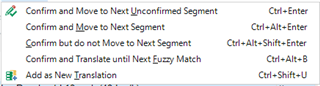 Screenshot of Trados Studio showing default keyboard shortcuts for segment confirmation actions, including Ctrl+Enter and Ctrl+Alt+Enter.