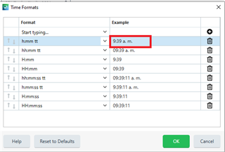 Trados Studio Time Formats dialog box showing a list of time formats with an example highlighted showing incorrect spacing '9:39 a.m.' without a space between 'a.' and 'm.'.