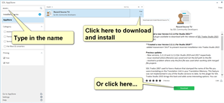 Screenshot of Trados Studio appstore integration with annotations pointing to search bar labeled 'Type in the name' and download buttons with text 'Click here to download and install' and 'Or click here...'.