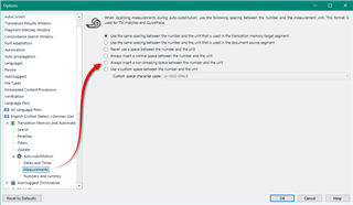 Trados Studio Options dialog showing Translation Memory and Automated Translation settings with a red arrow pointing to the 'Custom space character' option which is not selected.