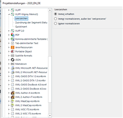 Screenshot of Trados Studio settings with options for segment status, including 'Keep segment status' and 'Normalize', with 'Normalize' selected.