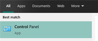 Windows search bar showing 'Control Panel' app as the best match for a search query.