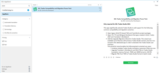 Trados Studio application interface showing a dialog box for TM Compatibility and Migration Power Pack with a download button.