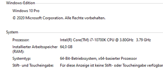Screenshot of computer system information showing Windows 10 Pro edition, Intel Core i7-10700K CPU, 64.0 GB installed RAM, and 64-bit operating system.