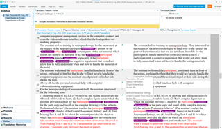 Screenshot of Trados Studio showing a Word document in the Editor view with segments of text highlighted in purple. No visible errors or warnings.