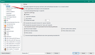 Screenshot of Trados Studio settings window with 'Segment merge' option highlighted, showing 'Add segmentation information to the translated file' unchecked.