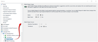 Trados Studio settings window showing Match Repair feature options with a red arrow pointing at Translation Memory and Automated Translation options.