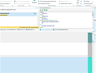 Trados Studio interface with the insert function active, showing the settings menu and two columns on the right side including document structure and notifications.