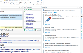 Trados Studio editor view with helpful tips and notifications on the right, including a welcome message and links to editing features and quick start guides.