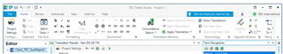 Trados Studio 'Home' tab with the 'Expand the Ribbon' option highlighted, indicating where to click to see everything normally.
