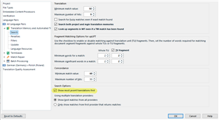 Trados Studio project settings window showing default settings for translation memory and automated translation with checkboxes for 'Search for 100% matches in main translation memories' and 'Search for fuzzy matches'.