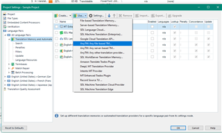 Screenshot of Trados Studio Project Settings - Language Pairs showing the selection of ANYTM: Any file based TM in the Translation Memory and Automated Translation tab.