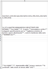 Screenshot of a .CSV file opened in a spreadsheet program showing a row with product description in Italian, including special characters and asterisks.