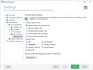 Screenshot of Trados Studio settings window showing Batch Processing options with Translation Memory and Automated Translation unchecked.