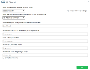 MT Enhanced plugin settings window in Trados Studio with fields for Google Translator selection, API key path, project name, location, AutoML Translation model, and glossary URL.