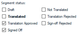 Segment status options in Trados Studio with 'Translated', 'Translation Approved', and 'Signed Off' checked.