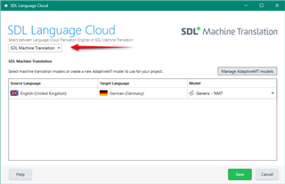 Trados Studio SDL Language Cloud settings window showing SDL Machine Translation with source language English (United Kingdom) and target language German (Germany). A red arrow points to an empty field.