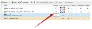 Trados Studio interface showing Translation Memory (TM) settings with an arrow pointing to checkboxes that do not enable or disable TMs.