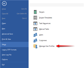 Trados Studio screenshot showing the File menu expanded with an arrow pointing to 'Manage User Profiles' option.