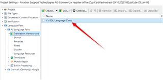 Screenshot of Trados Studio project settings with a red arrow pointing to SDL Language Cloud option.