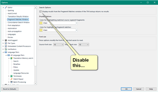 Trados Studio settings window with an arrow pointing to 'Search Options' and a callout saying 'Disable this...' indicating the option to prevent the fragment window from opening.