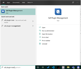 Windows search bar showing 'sdl plugin man' typed in with 'SDL Plugin Management' app appearing in search results.