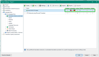 Trados Studio Project Settings window showing enabled options for 'Use MT when confirming segments' and 'Enable AutoSuggest' in the Language Pairs tab.
