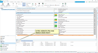 Screenshot of Trados Studio interface with an open project. A dialogue box with text 'Is this related to the new feature down here?' is pointing to the Translation Quality Assessment (TQA) feature.
