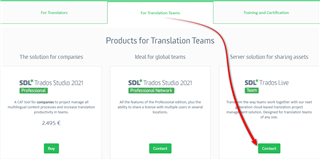 Screenshot of SDL Trados Store webpage, highlighting the 'Products for Translation Teams' section with three options: 'SDL Trados Studio 2021 Professional', 'SDL Trados Studio 2021 Professional Network', and 'SDL Trados Live'. A red arrow points to the 'Contact' button under 'SDL Trados Studio 2021 Professional Network'.