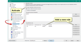 Trados Studio options window showing 'Activate' button and 'Add a new rule' section for Embedded Content processing.