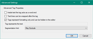 Advanced Settings dialog box with options for tag properties and segmentation hint in Trados Studio.
