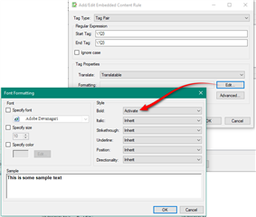 AddEdit Embedded Content Rule window in Trados Studio with options for tag type, expression, and font formatting.