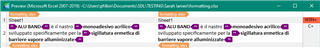 Preview window in Trados Studio showing segments with formatting tags applied and highlighted in purple.