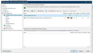 Trados Studio project settings window showing Translation Memory and Automated Translation settings with DE-EN UK Translation Memory with active status.